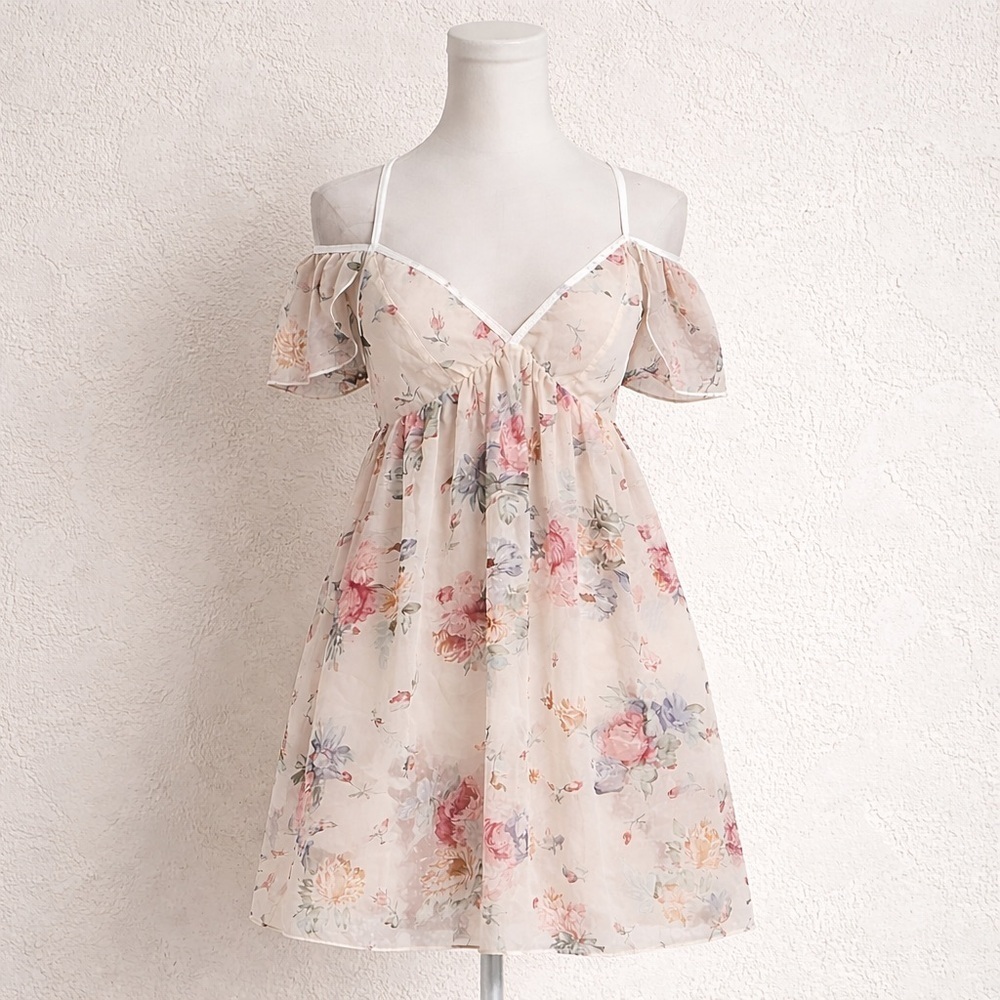 Romantic Floral Off-Shoulder Mini Dress | Sheer Chiffon Garden Fairy M/L